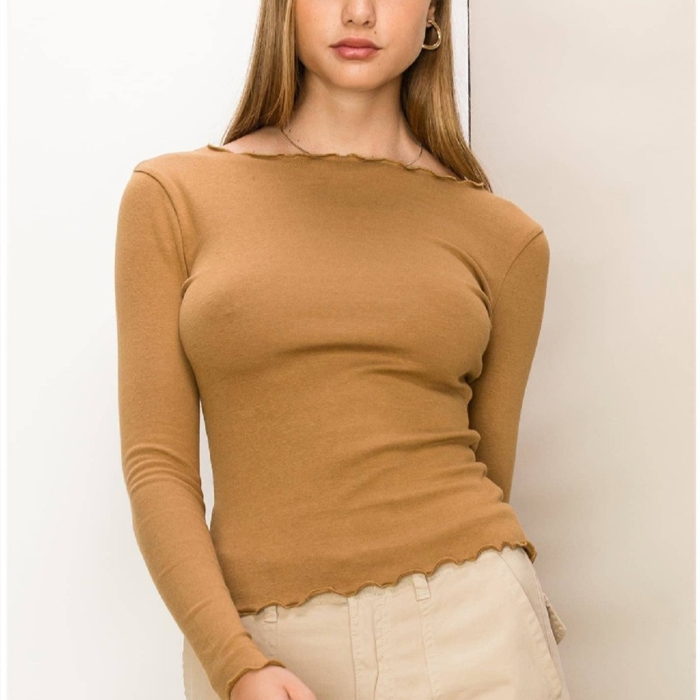 HYFVE, Camel Fitted Long Sleeve Lettuce-Edge Top.